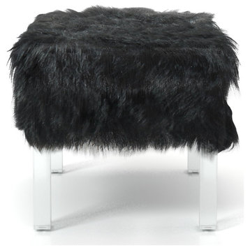 Contemporary Ottoman, Elegant Design With Acrylic Legs & Faux Fur Seat, Black