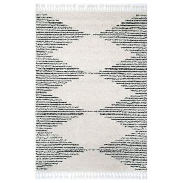 Striped Shag Area Rug, Off White, 6'7"x9'