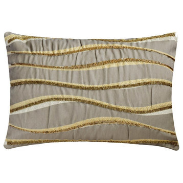 Grey Silk 12"x18" Lumbar Pillow Cover Beaded Jacquard - Flowing