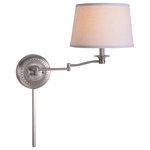 Kenroy Home - Riverside Wall Swing Arm Lamp, Brushed Steel, Casual, 17" Height, 12" Width - Highly versatile, this traditional wall lamp features a swing arm construction as the central design theme. With a wide range of motion, this lamp provides easy and accessible illumination options, simply position the swing arm where you need it - when you need it, and tuck it away when your task is complete. An ornate pattern on the brushed steel wall plate accentuates the lamps sophisticated look. Each lamp is topped with an white tapered shade, and finished in a classic brushed steel.. 1-100 3-Way Bulb, 3-Way Socket Switch. Requires 1: 100 Watt Bulb (Bulbs Not Included). UL Listed