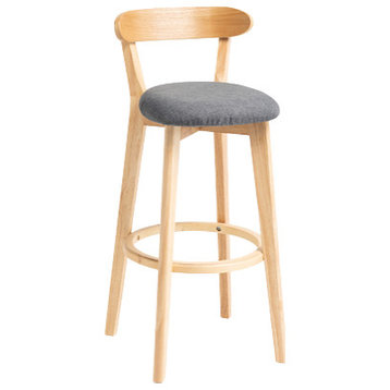 Minimalistic Nordic-Styled Bar Stool With Backrest, Solid Wood, Dark Gray, Linen
