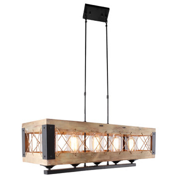 Hoss 5-Light Fixture with Clear Glass and Jute/Solid Wood/Black Iron Frame