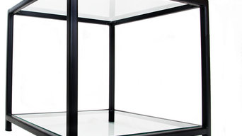 Matt Black Designer Metal Frame Side Table with Glass Top and Bottom Shelves