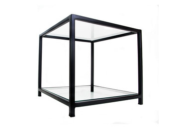 Matt Black Designer Metal Frame Side Table with Glass Top and Bottom Shelves