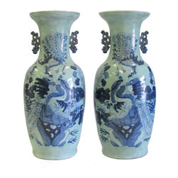 Pair Chinese Porcelain Blue and Green Phoenix Flower Graphic Tall Vases - Vases