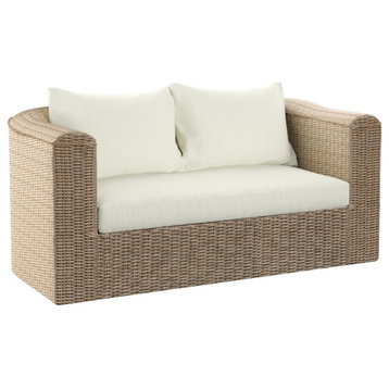 TK Classics Outdoor Patio 2-Seater Loveseat in Almond Wicker with White Cushion