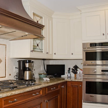 Kitchen: Copper Hood, Back Splash, Wood Mode Cabinets