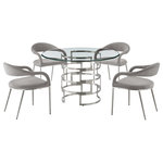 Armen Living - Diaz Morgan Brushed Steel and Light Gray Fabric Glass Dining Table 5-Piece Set - Strike a stylish impact with the Diaz Morgan 5 Piece Dining Set by Armen Living. This set includes 1 Diaz Contemporary Round Glass Dining Table and 4 Morgan Upholstered Dining Chairs in Fabric and Metal. The refined geometry and elegant details lend a luxe and sophisticated aesthetic to this dining set. Our dining table features a 48" round, glass top that rests upon a sleek, metal base. The bold curves and airy design are accentuated by the brushed stainless steel or matte black iron finish. This dining table serves as a smart and chic complement to our Morgan dining chairs. The floating, beautifully curved back and seamlessly flowing arms bring notes of opulence to these dining chairs. Its back, armrest, and seat are fully upholstered to offer hours of comfort. It is covered in performance fabric to provide easy care and maintenance. Altogether, this dining set lends a sleek and stylish upgrade to your kitchen, dining room, or living space. It evokes luxury and comfort for your intimate dinners and family gatherings. Crafted from premium materials, our dining set ensures durability and quality for years to come. The Diaz Morgan 5 Piece Round Glass Dining Table Set is available in matching finishes and a variety of colors, or sold separately to achieve any look you desire.