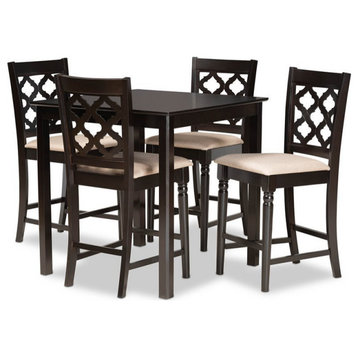 Bowery Hill Sand Fabric Upholstered and Brown Finished Wood 5-Piece Pub Set