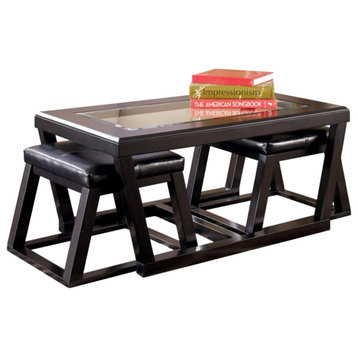 Contemporary Coffee Table, Glass Top & 2 Nesting Cushioned Stools, Dark Brown
