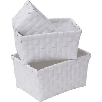 Checkered Woven Strap Storage Baskets Totes Set of 3, White