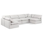 Meridian Furniture - Indulge Upholstered Modular U-Shaped Sectional, Cream, 6-Piece: 4 Armless Chair, 2 Corner Chair, Fiber Stuffed Vegan Leather - Experience ultimate comfort and style with our cream vegan leather Indulge Sectional. The luxurious vegan leather will elevate the aesthetic of any room. This sofa provides ample space for you to relax while its modular build offers the option of unlimited configurations. Whether you're looking to add a stylish element to your living room or a comfortable seating option to your bedroom, this sofa is the perfect choice.