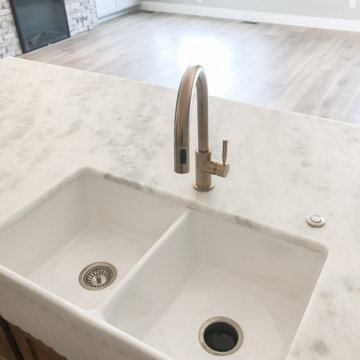 Double farmhouse sink with garbage disposal button
