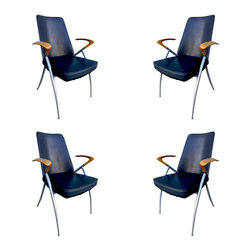 Modernist Leather Office Chair with Cherry Oak Wingback Armrest, Set of 4 - Office Chairs