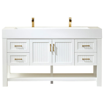 Pavia Single Vanity with White Artificial Stone Top, White, 60", Without Mirror