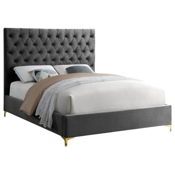 Cruz Velvet Upholstered Bed, Gray, Queen