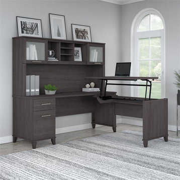 Pemberly Row 72W Sit to Stand L Desk with Hutch in Storm Gray - Engineered Wood