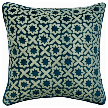 18"x18" Lattice & Trellis Embroidery Blue Velvet Throw Pillow Covers, Alston
