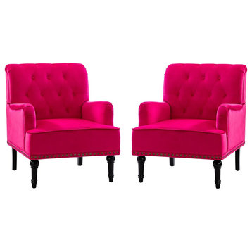 Upholstered Tufted Comfy Accent Armchair With Nailhead Trim Set of 2, Fuchsia