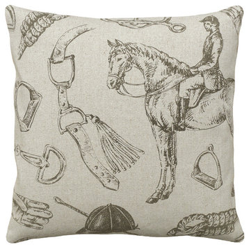 Equestrian Printed Linen Pillow With Feather-Down Insert, Caramel, Brown
