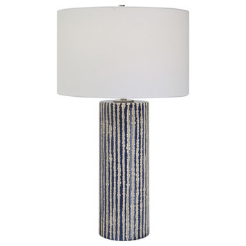 Rustic Coastal Cobalt Blue Ivory White Table Lamp 28 in Ceramic Cylinder