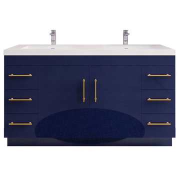 Rosa 60" Double Sink Freestanding Vanity with Reinforced Acrylic Sinks, Glossy Night Blue