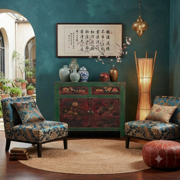 Vintage Distressed Rich Green Red Floral Graphic Credenza Sideboard Cabinet ws50