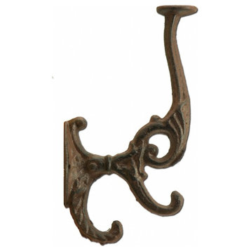Decorative Victorian Ornate Triple Wall Hook, Rust Brown Cast Iron, 7" Tall