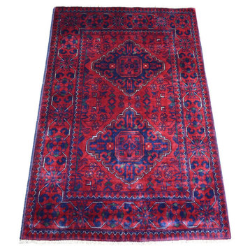 Deep and Saturated Red, Afghan Khamyab Soft Wool Hand Knotted Rug, 2'8"x4'1"