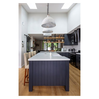Kitchen with hand painted Glass panel doors - Transitional - Kitchen ...