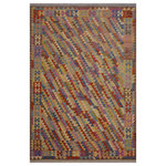 Bareens Designer Rugs - Boho Chic Turkish Kilim Bev Hand-Woven Wool Rug - 6'7'' x 9'9'' - Elevate the elegance of your home with this stunning hand-woven tribal Kilim wool rug. Meticulously crafted on a loom by the Nomad Turkman people using hand-spun wool and 100% natural vegetable dyes, these rugs are recognized for their repetitive geometric patterns, incorporating naturalistic floral and traditional designs. The contemporary fashion palette results in bold, sharp patterns that are incredibly versatile, as the pattern is the same on both sides. These reversible rugs feature a lighter shade on one side and brighter colors on the other, providing versatility according to preference. These unique rugs are made by knotting short strands of different colors onto the warps and securing them by tightly pressing the wefts. The designs are created by interweaving the various colored wefts and warps. Kilims are known for their exceptional durability and versatility, making them truly unique rugs.  Product Details    Rug Size: 6'7'' x 9'9''  Material: 100% Wool  Style: Kilim, Flat Weave, Dhurrie, Turkish, Southwestern, Rustic, Tribal  Colors: Brown, Blue, Pink, Purple  Weave Type: Hand-Woven, Handmade  Pile Height: Less than 0.25 inch