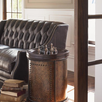 Harcourt Round Side Table With Hammered Copper And Reversible Chessboard Top