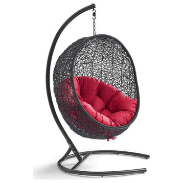 Comfortable Hanging Chair, Egg Shaped Rattan and Tufted Cushioned Seat, Red