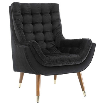 Suggest Button Tufted Upholstered Velvet Lounge Chair, Black