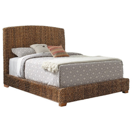 Catania Banana Leaf Woven Eastern King Panel Bed in Brown Finish