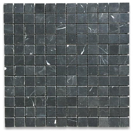 Nero Marquina Black Marble 1" Grid Square Mosaic Backsplash Tile Honed, 1 sheet