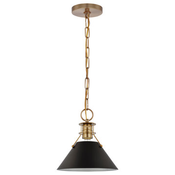 Outpost 1-Light Small Pendant, Matte Black With Burnished Brass