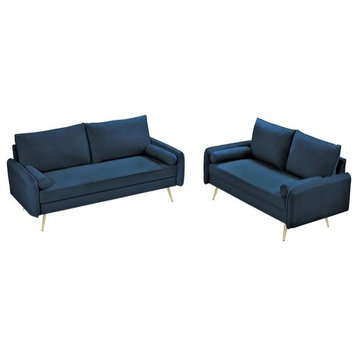Modern Sofa & Loveseat Set, Sleek Golden Legs With Velvet Seat, Dark Blue
