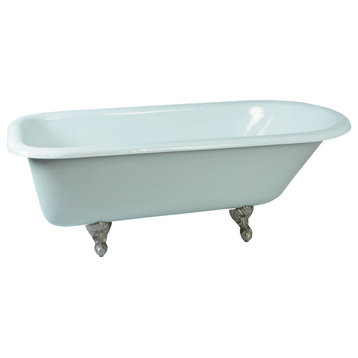 66" Cast Iron Roll Top Clawfoot Tub (No Faucet Drillings), White/Brushed Nickel