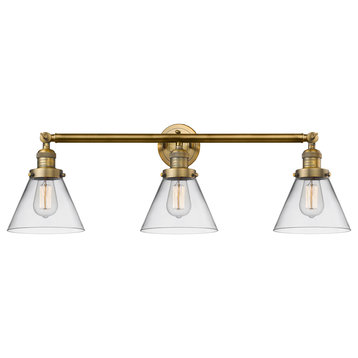 Cone 3-Light 32" Bath Vanity Light, LED, Brushed Brass/Clear