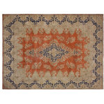 Bareens Designer Rugs - Vintage Sorenson Orange/Blue Wool Rug - 9'8'' x 12'11'' - A mesmerizing addition to any decor, this brand-new hand knotted vintage wool rug featuring vibrant colors and a traditional design is made by skilled artisans capable of creating the most exceptional Persian knotted rugs. Harnessing the natural energy of the sun, each rug is organically neutralized from its original color, distressed and then saturated in an infusion of a bold vibrant color pallet to give it a fresh perspective and modern appeal. This masterpiece draws its inspiration from traditional and timeless rug designs, which provides both harmony and contrast bringing a phenomenal twist in any decor. An intricate design and exquisite coloration make this wool rug a standout piece for any room.