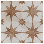 Merola Tile - Kings Star Oxide Ceramic Floor and Wall Tile - Old-world European elegance radiates from our Kings Star Oxide Ceramic Floor and Wall Tile, imported from Spain. Save time and labor spent arranging smaller square tiles and instead install these durable ceramic slabs, which have four squares separated by scored grout lines. The defining feature of this encaustic-inspired tile is the unique, low-sheen glaze in beige tones with centered orange stars in each square. Variation throughout each tile mimics an authentic aged appearance. Designed by interior architect and furniture designer Francisco Segarra, this tile is a true reflection of vintage industrial design. Realistic imitations of scuffs and spots that are the marks of well-loved, worn, century-old tile bring rustic charm to your interior. These rustic scuffs and spots convince that this tile is truly aged. There are 9 different variations available that are randomly scattered throughout each case. The scored grout lines can be grouted with the color of your choice to further customize your installation. Tile is the better choice for your space. This tile is made from natural ingredients, making it a healthy choice as it is free from allergens, VOCs, formaldehyde and PVC.