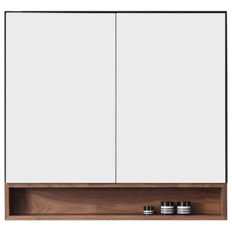 Bergen Modern Medicine Cabinet, Matte Black Frame, Walnut Shelf, 36"