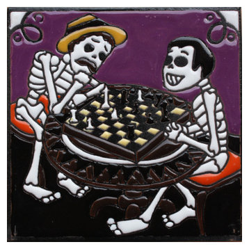 6"x6" Chess Players Day of the Dead Clay Tile