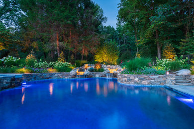 Example of a mid-sized trendy backyard custom-shaped pool landscaping design in Boston