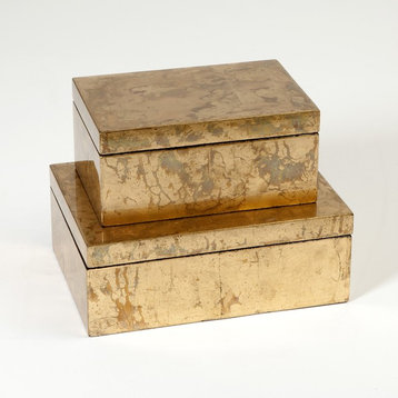 Luxe Lacquer Gold Leaf Decorative Box Set 2, Metallic Trinket Simple Midcentury