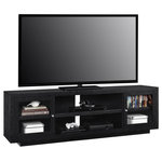A Design Studio - Alex TV Stand for TVs up to 72", Black Oak - Enjoy your big screen flat panel TV from the contemporary A Design Studio Alex 72" TV Stand. This stand makes a statement with its tempered sliding glass doors and large stature.  The center of this stand offers 2 larger shelves with wire management cut outs. Keep your cable box, DVD player or other receivers on these 2 shelves for easy access to outlets. On either side of this stand are 2 more open shelves, perfect for organizing your DVDs, books or to display home decor. You choose which shelves to leave open and slide the glass doors to either side of the stand. This TV stand accommodates flat panel TVs up to 72" wide. A Design Studio Alex 72" TV Stand requires assembly upon delivery.