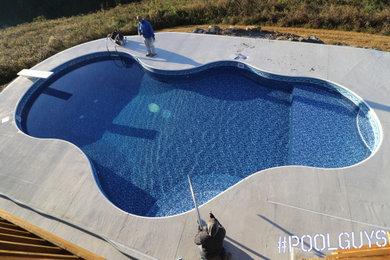 Large minimalist backyard concrete and custom-shaped pool photo in Other