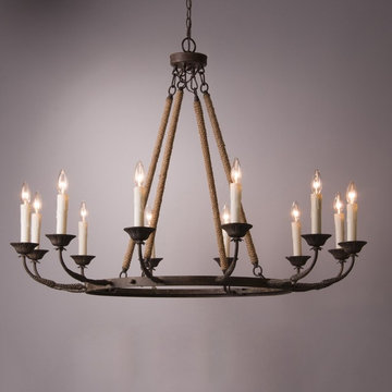 $389.99, Bever Vintage Flaxen Hemp Rope 12-Light Rustic Round Candelabra Chandel