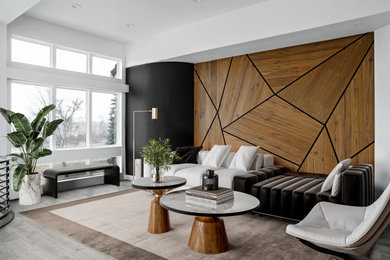 Large trendy open concept wood wall living room photo in Denver with a bar